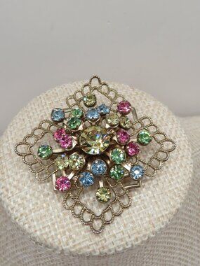 Vintage Rhinestone Cluster UV Reactive Gold Tone Filigree Brooch
